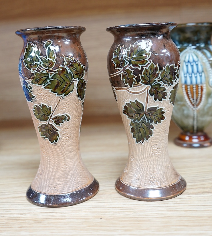 A pair and another Doulton stoneware vases and a Woodcock terrine dish by Michel Caugant, tallest 15.5cm. Condition - good